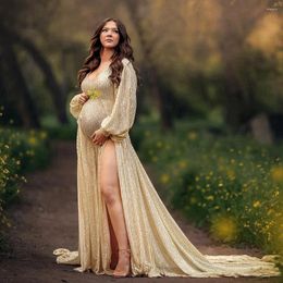 Casual Dresses Glitter Sequins Lace Maternity Full Sleeves V Neck Pregnancy Dress For Po Shoot Elegant Women Prom Party Gowns