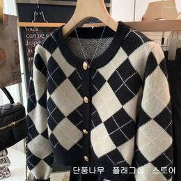 Women's Knits Deeptown Vintage Plaid Knit Cardigan Women Y2k Korean Fashion Autumn Old Money Short Sweater Harajuku O Neck Jumper Aesthetic