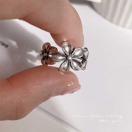 Band Rings Silver S925 Pure Silver Korean Edition Personalized Old Forest Flower Ring Fashion Thai Silver Open Ring C3rx