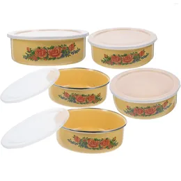 Dinnerware 5 Pcs Enamel Thickened Preservation Bowl With Lid Salad Kitchen Noodle Bowls Baby Container