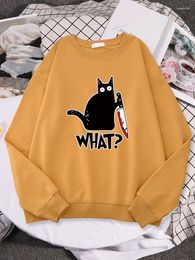 Women's Hoodies Little Black Cat And Knife Printing Womens Clothing Fleece Hip Hop Hoodie Autumn Loose Pullover Crewneck Female Sweatshirt