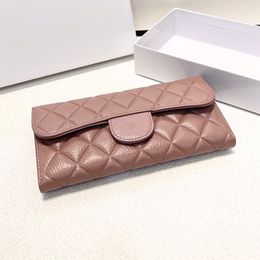 Luxury Designer Cowhide Pink Two Fold Long Wallet France Brand High Quality Genuine Leather Classic Quilting Black Card Holders Fashion Women Solid Color Coin Purse