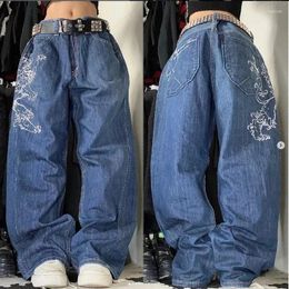 Women's Jeans SIRI American Casual Men And Women Trousers Y2K Pattern Printing Washed Pocket Straight High Waist Mopping Wide Leg Pants