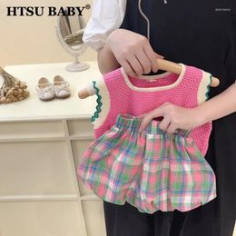 Clothing Sets HTSU BABY Korean Girls Sweet Suits Summer Kids Knitted Hit Colour Tank Top Plaid Flower Bud Shorts Children's Two Pieces Set