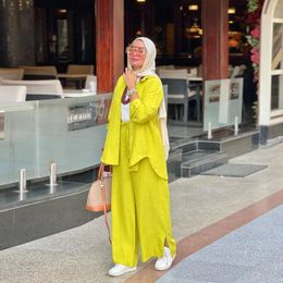 Ethnic Clothing Women Eid Muslim Sets Ensemble Two Pieces Single Breasted Button Kaftan Cardigan Solid Blouses Wide Leg Pants Arab Islam