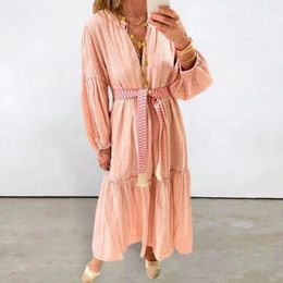 Casual Dresses Solid Colour Women Dress Bohemian V-neck Maxi With Bubble Sleeves Tassel Detailing A-line Silhouette Pleated Hem For Beach