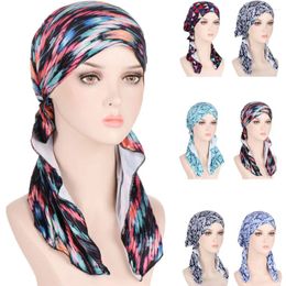 Ethnic Clothing Women Pre-Tied Chemo Cap Muslim Inner Hijab Turban Print Hat Bonnet Hair Loss Wrap Headscarf Musulman Femme Foulard Beanie