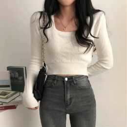 Women's Sweaters Mohair Mink Cashmere Temperament Square Neck Slim Fit Short Knit Long Sleeve Sweater Sueter Mujer Korean Black White