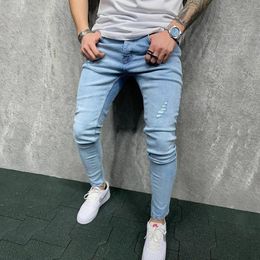 Fashion Men Holes Distressed Skinny Stretch Jeans Pants Streetwear Hip Hop Male Ripped Solid Denim Trousers 240125
