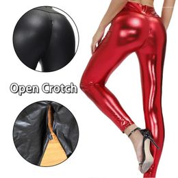 Women's Leggings Woman Sexy Open Crotch Leather Elastic Skinny Flash PU Panties Hidden Zipper Pants For Couple Outdoor Sex Costume