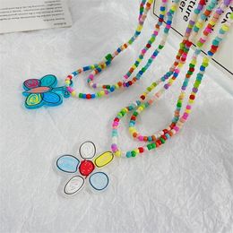 Choker Bohemia Colourful Beads Butterfly Flower Pendant Necklace For Women Cute Handmade Double Layer Beaded Clavicle Chain Jewellery 2024