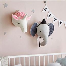 Unicorn Deer Elephant Head Stuffed Toys Plush Animal Head Wall Decoration Wall Mount Hanging Baby Kids Room Decor Christmas Gift 240201