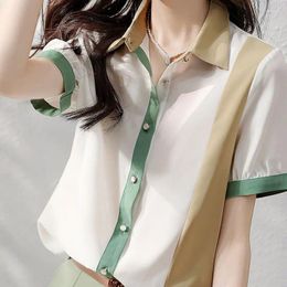 Women's Blouses Stylish Contrasting Colors Patchwork Shirt Female Summer Korean Commute Asymmetrical Loose Chic Single-breasted Polo-Neck