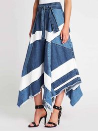 Women Plus Size Striped Denim Skirt Asymmetric Hem Knot Waist Irregular Hem Patchwork High Street Y2K Pleated A-Line Long Skirt 240126