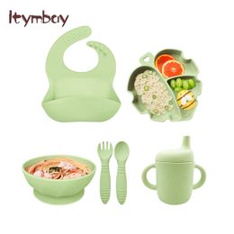 6Pcs Silicone Baby Feeding Set with Suction Bowl Divided Plate Adjustable Bib and Straw Drinking Cup Spoon Fork for Toddlers 240131