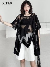 Women's T Shirts XITAO Solid Color Black Thin Lace Loose Fashion Irregular T-shirt O-neck Pullover Short Sleeve 2024 Women Summer Top
