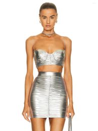 Work Dresses Women Sexy Silver Sleeveless 2 Piece Set Spaghetti Strap Crop Top Summer Mini Skirts Suits Fashion Bodycon Draped Solid Outfits