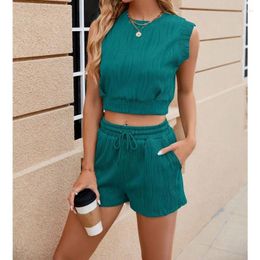 Women's Tracksuits Simple Round Neck Wave Sleeveless Top & Casual Shorts Set Summer Women Fashion Short Pants Sets Two Piece Outfits