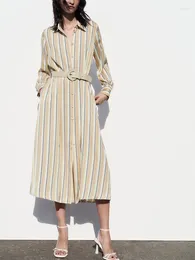 Casual Dresses Women Clothing 2024 Lapel Collar Front Buttoned Office Elegant Shirt Dress Long Sleeve Striped Midi With Belt