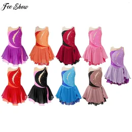 Stage Wear Kids Girls Sleeveless Round Collar Shiny Rhinestone Decorated Patchwork Style Hollow Back Ruffle Chiffon Skating Dance Dress