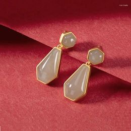 Dangle Earrings S925 Sterling Silver Hetian Grey Jade Geometric Natural Personalised Fashion Gold Plated