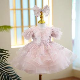 Girl Dresses Luxury Shiny Feathers Children Outfit Flower Girls Fluffy For Weddings Teenagers Birthday Party Matching Ball Gowns