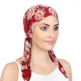 Ethnic Clothing Women Pre-Tied Chemo Cap Muslim Hijab Turban Floral Print Elastic Cancer Hat Two Tail Headscarf Bonnet Hair Loss Headweap