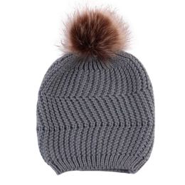 Colours 5 Parent-Child With Pompon Warm Raccoon Fur Bobble Mommy Beanie Caps Kids Cotton Knitted Mom Baby Hat Winter 3 3 34