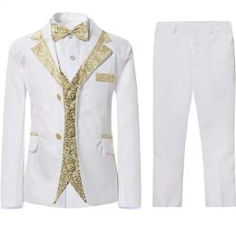 Boys Slim Fit Suits 5 Pieces Set Kids Blazer Vest Pants Shirt Bowtie Jacket With Gold Rims For Wedding Party Prom 240119