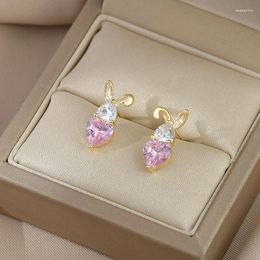 Stud Earrings 2024 Cute Pink Zircon Heart Ears Women Korean Fashion Original Girls Dress Jewellery Accessories