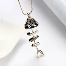 Pendant Necklaces Korean Fish Bone Necklace For Women Crystal Geometric Sweater Chain Trendy Jewellery Accessories