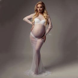 See Through Stretchy Mesh Maternity Pography Dresses Full Sleeve Boat Neck Pregnancy Po Shoot Long Dress3023 240122