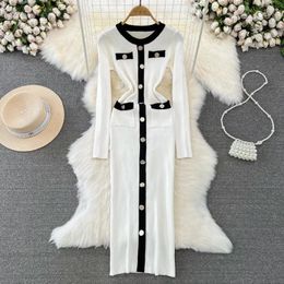 Casual Dresses Tweed Dress O-neck Single Breasted Button Contrast Color Vestidos Female Elegant Screw Thread Fashion Slim Drop