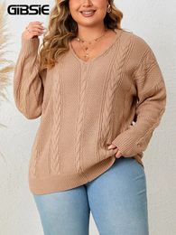 GIBSIE Plus Size Casual V Neck Cable Knit Sweaters Women Solid Colour Drop Long Sleeve Loose Pullover Jumper Autumn Winter 240123