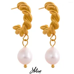 Dangle Earrings Yhpup Charm Twisted Texture Natural Pearl Drop Stainless Steel Metal Stylish Golden Pvd Waterproof Jewellery Aretes Women
