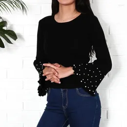 Women's Sweaters 2024 Autumn/winter Fashion Casual Flared Sleeve Top Beaded Solid Colour Round Neck Slim Temperament Sweater Pullover