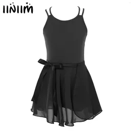 Stage Wear Kids Girls Spaghetti Strap Crisscross Back Leotard With Chiffon Mini Pull-On Wrap Skirt For Ballet Dance