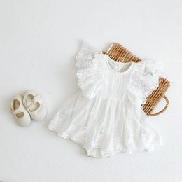 Girl Dresses 2024 Summer Baby Girls Romper Cotton Lace Ruffle Embroidery Flying Sleeve Mesh Princess Toddler Dress Infant Bodysuit