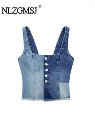Women's Tanks Nlzgmsj TRAF 2024 Summer Raw Hem Patchwork Denim Vest Women Tops Designer Sleeveless Button Cropped Jeans Tank Top