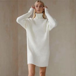 White Turtleneck Knitted Dresses Woman Winter Autumn Oversized Sweater Dress Fashion Long Sleeve Mini Dress Casual Knitwear 240202
