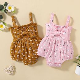 Rompers Summer Born Ribbed Bodysuit Baby Girls Sleeveless Flower & Dot Print Jumpsuits With Bow Elastic Playsuits