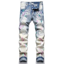 Повседневные свободные рваные мужские джинсы скинни в стиле ретро, синяя эластичная уличная одежда, весенне-осенние окрашенные джинсовые хлопковые брюки для струйной печати