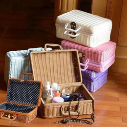 Woven Wicker Basket Picnic Camping Storage Retro Rattan Suitcase with Handle Portable Sundries Fruit Laundry Baskets 240125