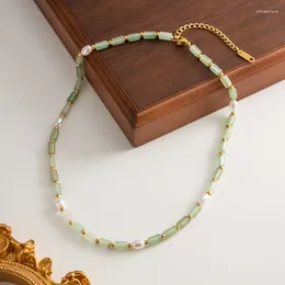 Choker ALLME Retro Green Natural Stone Cubes Glass Pearl Beaded Necklace For Women Gold Plated Titanium Steel