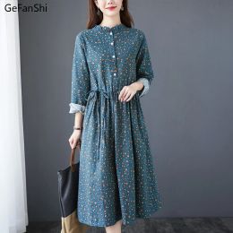 Dresses New 2023 Autumn Women's Dress Floral Print Casual Loose Fashion Cotton Linen Long Sleeve Elegant Ladies Dresses Blue Yellow