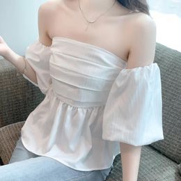 Women's Blouses White Shirt Women 2024 Summer One-shoulder Jacquard Top Design Korean Casual Blouse Elegant Blusas 27350