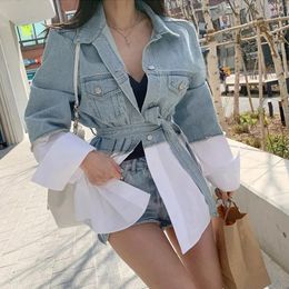 Women's Jackets Autumn Korean Chic Splicing Denim Patchwork Sashes Lace Up Outerwear High Street Fashion Jeans Winter Outfit