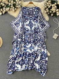 Casual Dresses 2024 Summer Fashion Blue And White Porcelain Print Long Loose Robe Women's Batwing Sleeve Retro Slash Neck Side Split Maxi