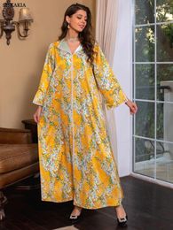 Ethnic Clothing Abayas For Women Saudi Arabia Elegant Floral Print Long Dresses Diamonds V-Neck Kaftan Dubai Luxury Ramadan Clothes