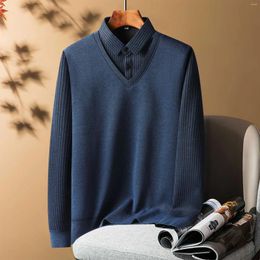 Men's Polos Bussiness Men Polo Shirts Knitted Long Sleeve Lapel Sweater Shirt Striped Winter Warm Fleece Pullover Clothing Casual Tops